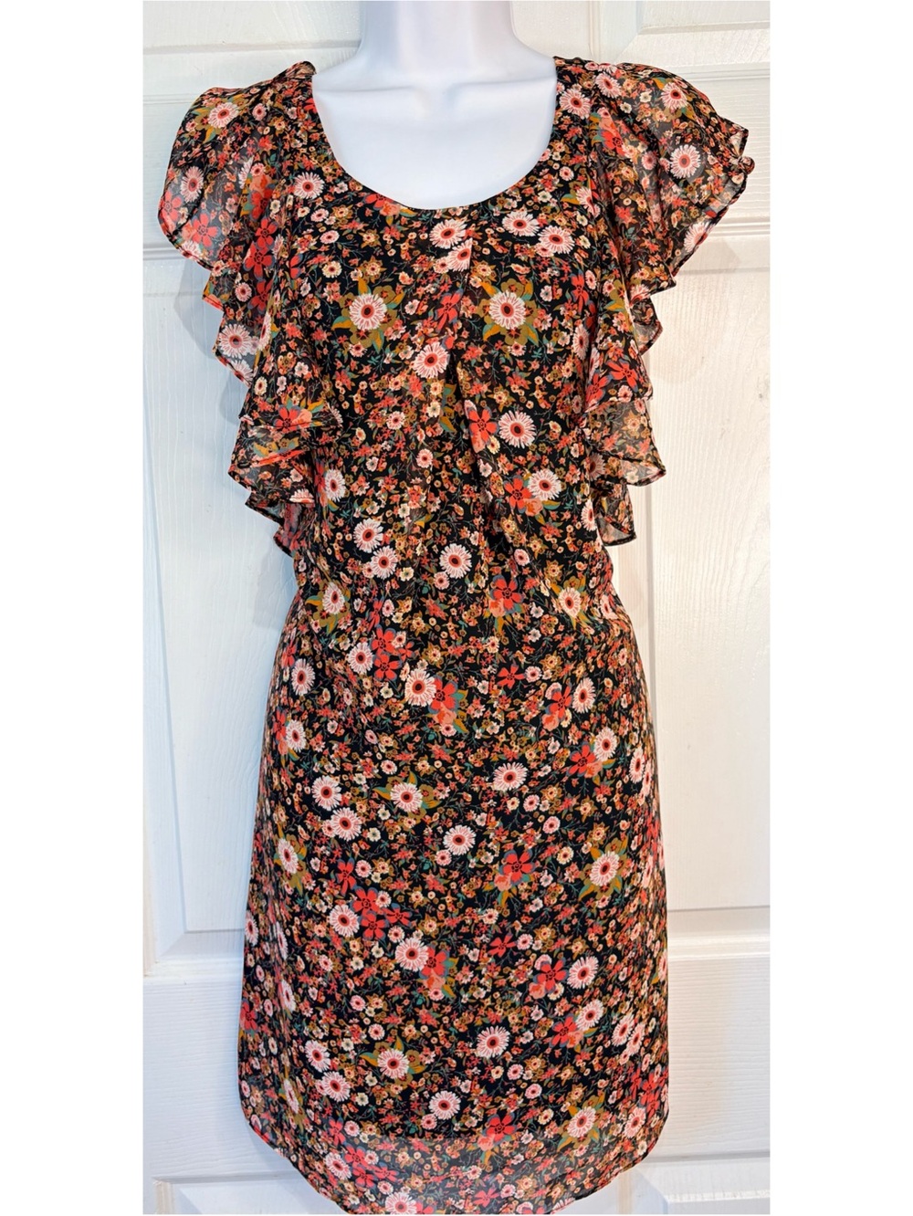 BCBGeneration Dark Floral Chiffon Ruffled Mini Dress NWT~Size Small